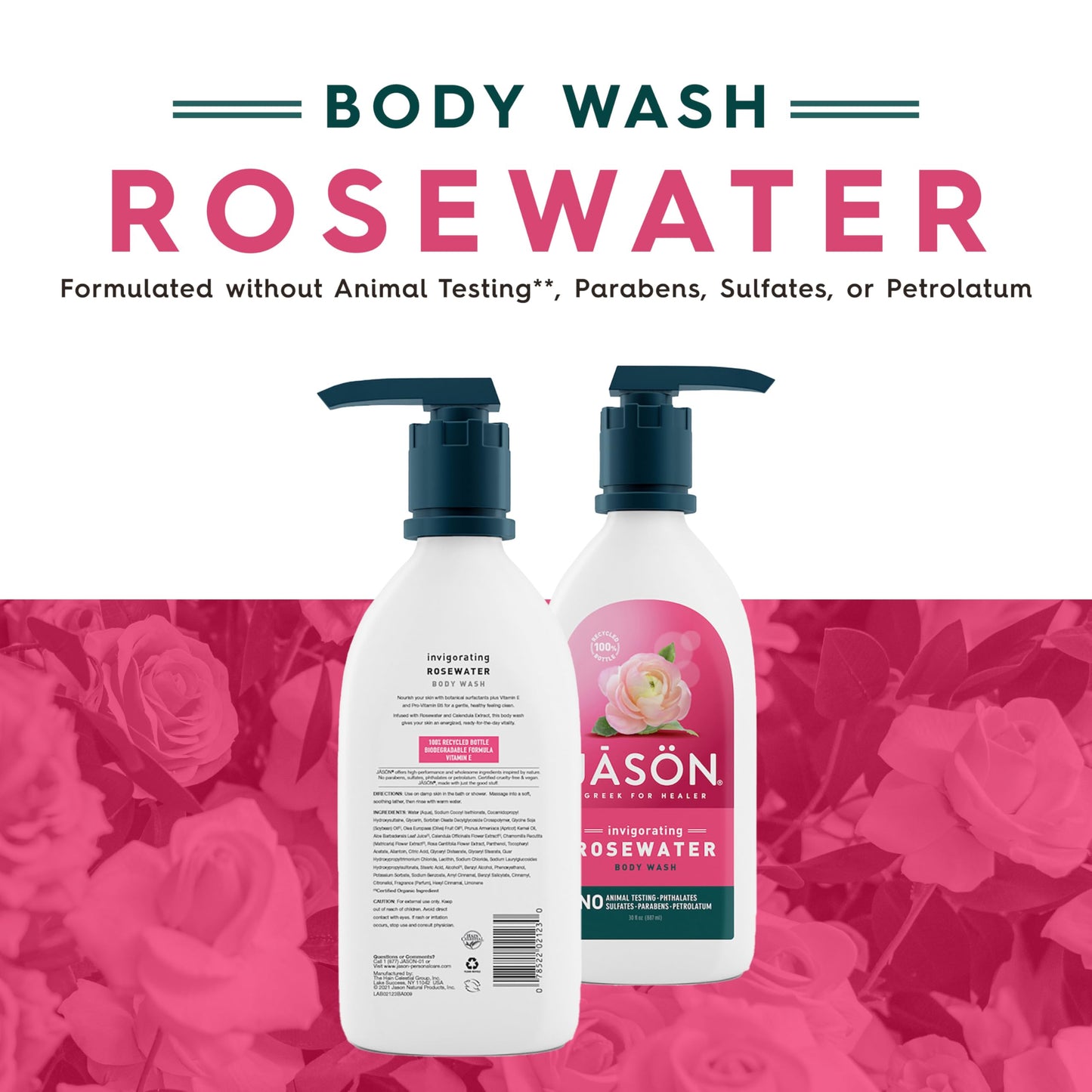 JASON Rosewater Invigorating Body Wash Women/Men, For a Gentle & Clean Feel, 30 Fluid Ounces