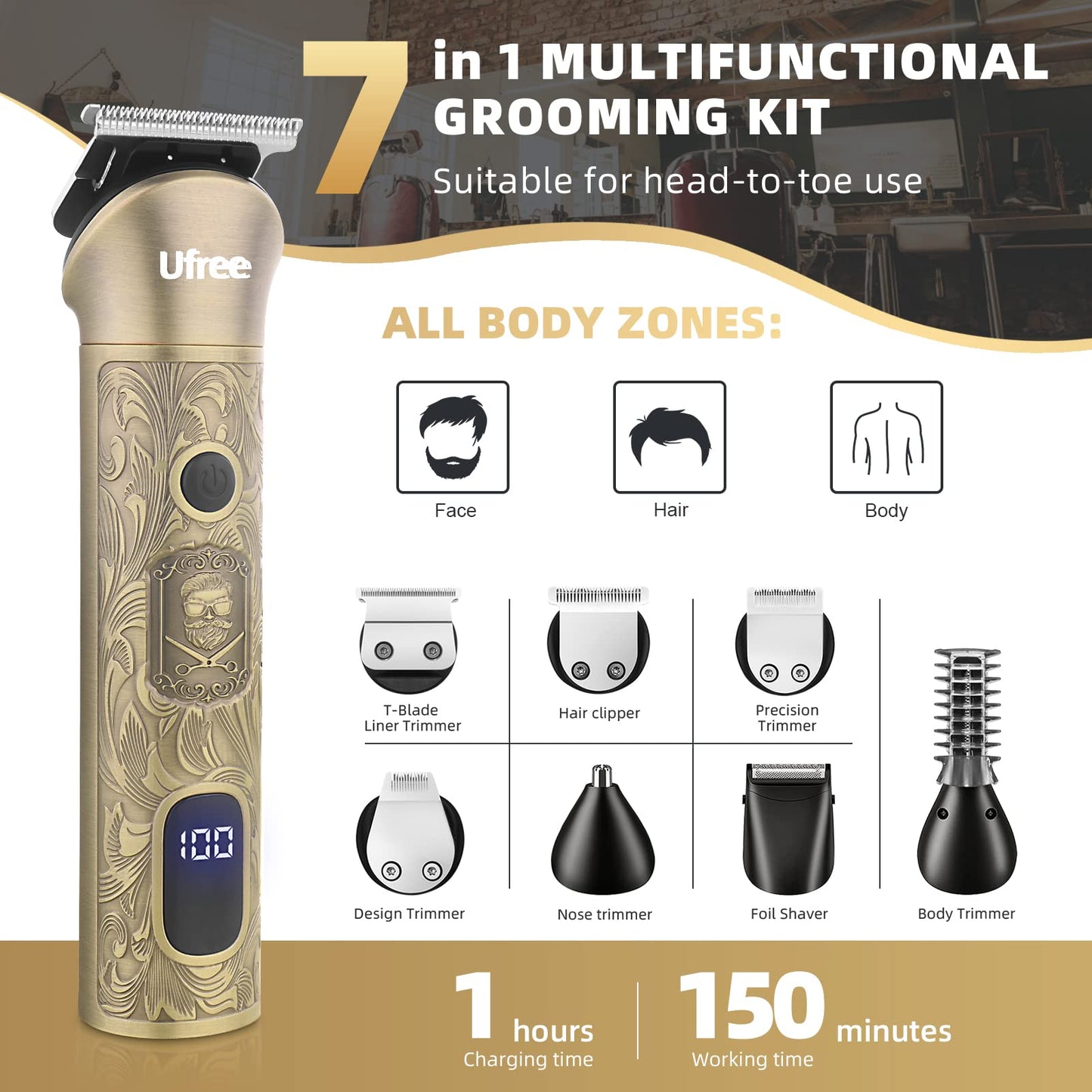 Ufree 7-in-1 Beard Trimmer for Men, Electric Razor Shaver, Men Grooming Kit Beauty and Personal Care Ufree