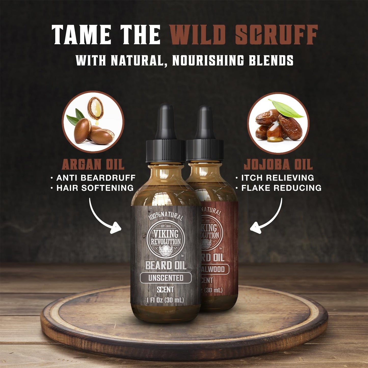 Viking Revolution Sandalwood and Unscented Beard Oil for Men - Natural Mens Beard Oil with Argan Oil and Jojoba Oil - Beard Softener, Strengthens
