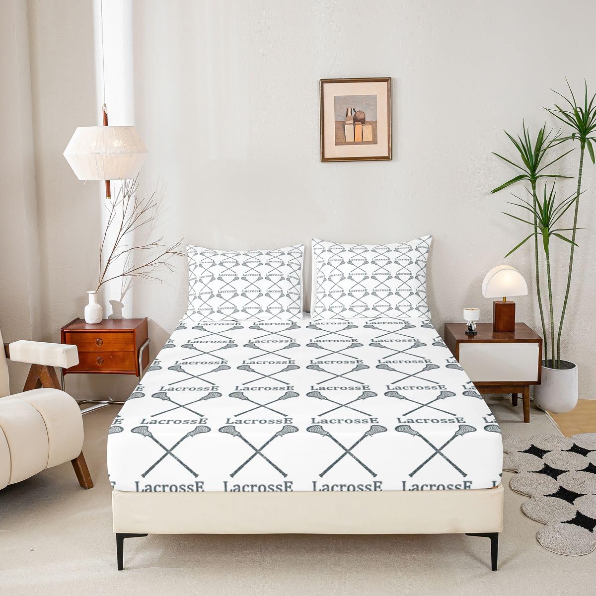 Erosebridal Modern Lacrosse Sheet Set, Twin Size, Black White, 3 Piece Set (1 Fitted Sheet, 1 Flat Sheet, 1 Pillowcase)