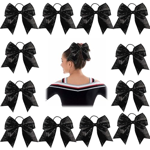 Oaoleer 12PCS 7" Large Glitter Cheer Hair Bows Ponytail Holder Elastic Band Handmade for Cheerleading Teen Girls College Sports (Black)