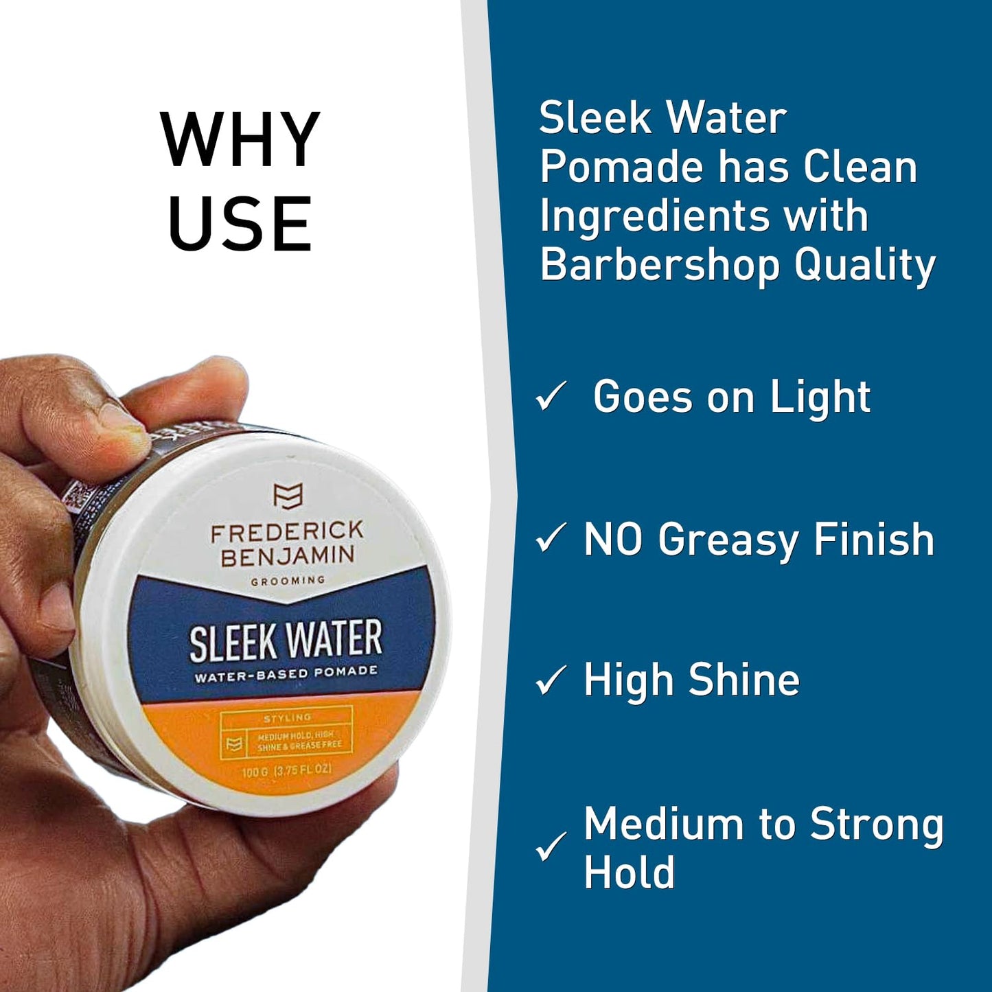 Frederick Benjamin Sleek Water Pomade for Men, Light & Easy to Apply Water Based Hair Pomade, Medium to Strong Hold, High Shine, Grease Free, Infused