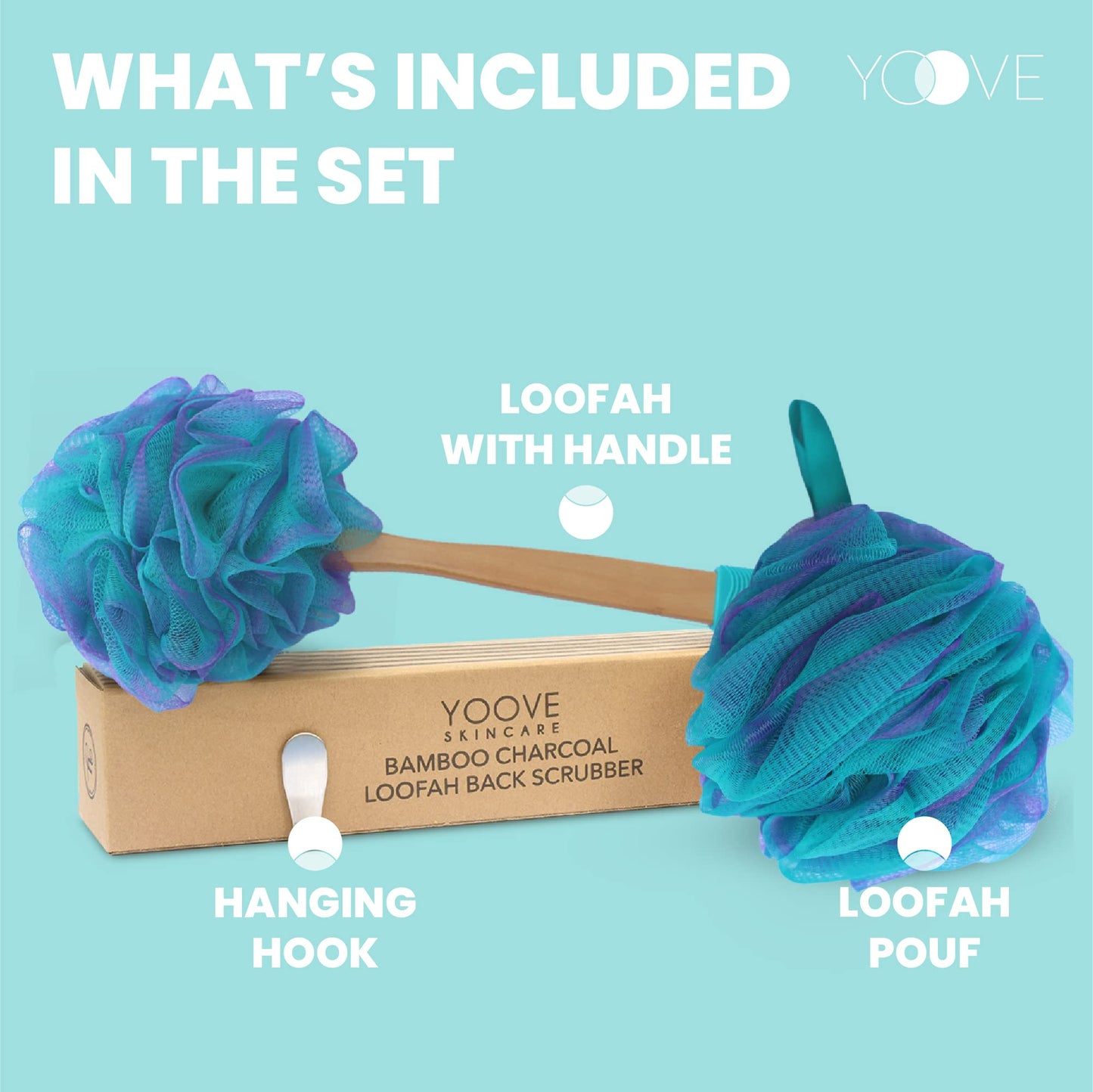 Yoove Bath Pouf with Handle - Body Scrubber Green Loofah for Women - Charcoal Infused Shower Loofah Sponge with Handle - Back Scrubber - Back Shower
