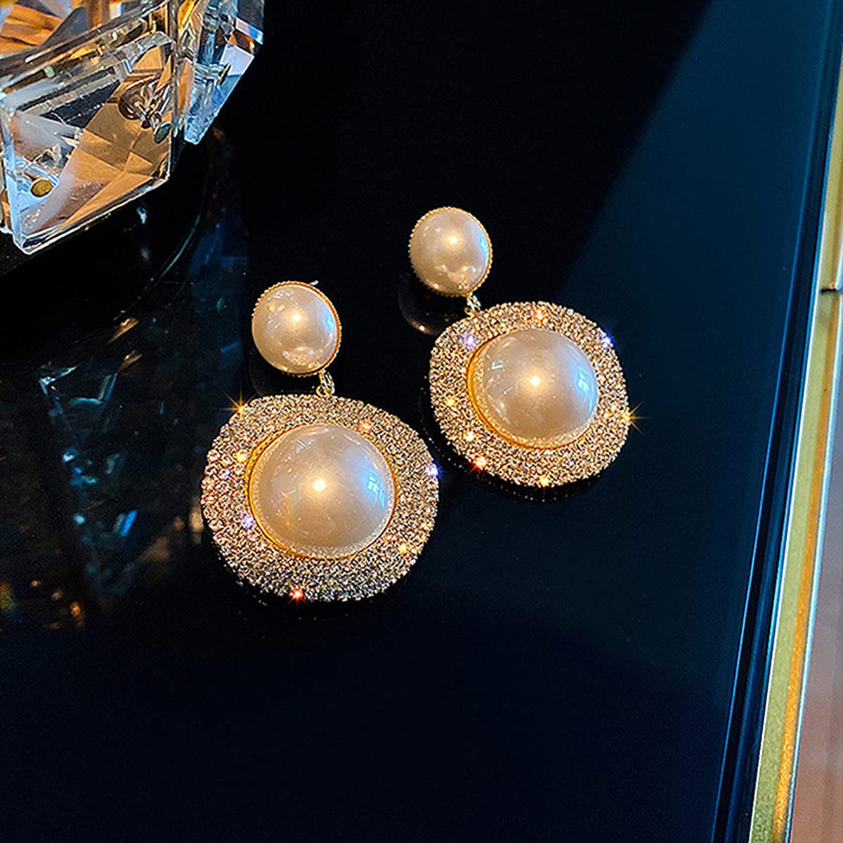 Xerling Bling Rhinestone Pearl Button Stud Earrings for Women Shiny Statement Pearl Dangle Bridal Earrings for Wedding Prom Party