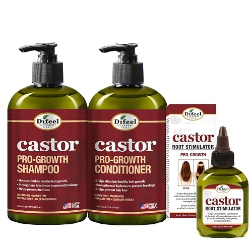 Difeel 3-PC Castor Pro-Growth Hair Growth: Cleansing & Treatment Set - Includes 12 oz Shampoo, 12oz Conditioner, & 2.5oz Root Stimulator