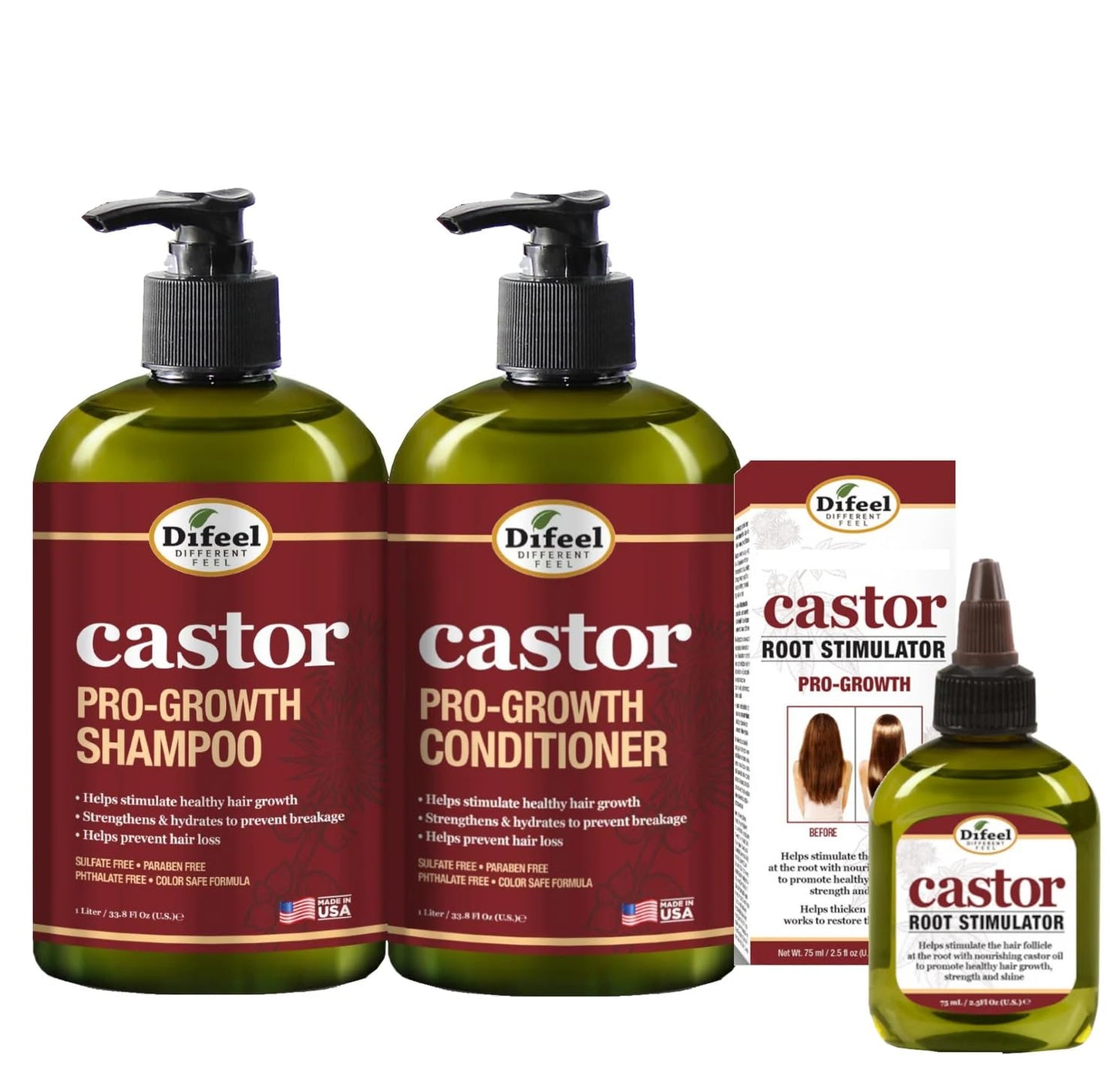 Difeel 3-PC Castor Pro-Growth Hair Growth: Cleansing & Treatment Set - Includes 12 oz Shampoo, 12oz Conditioner, & 2.5oz Root Stimulator
