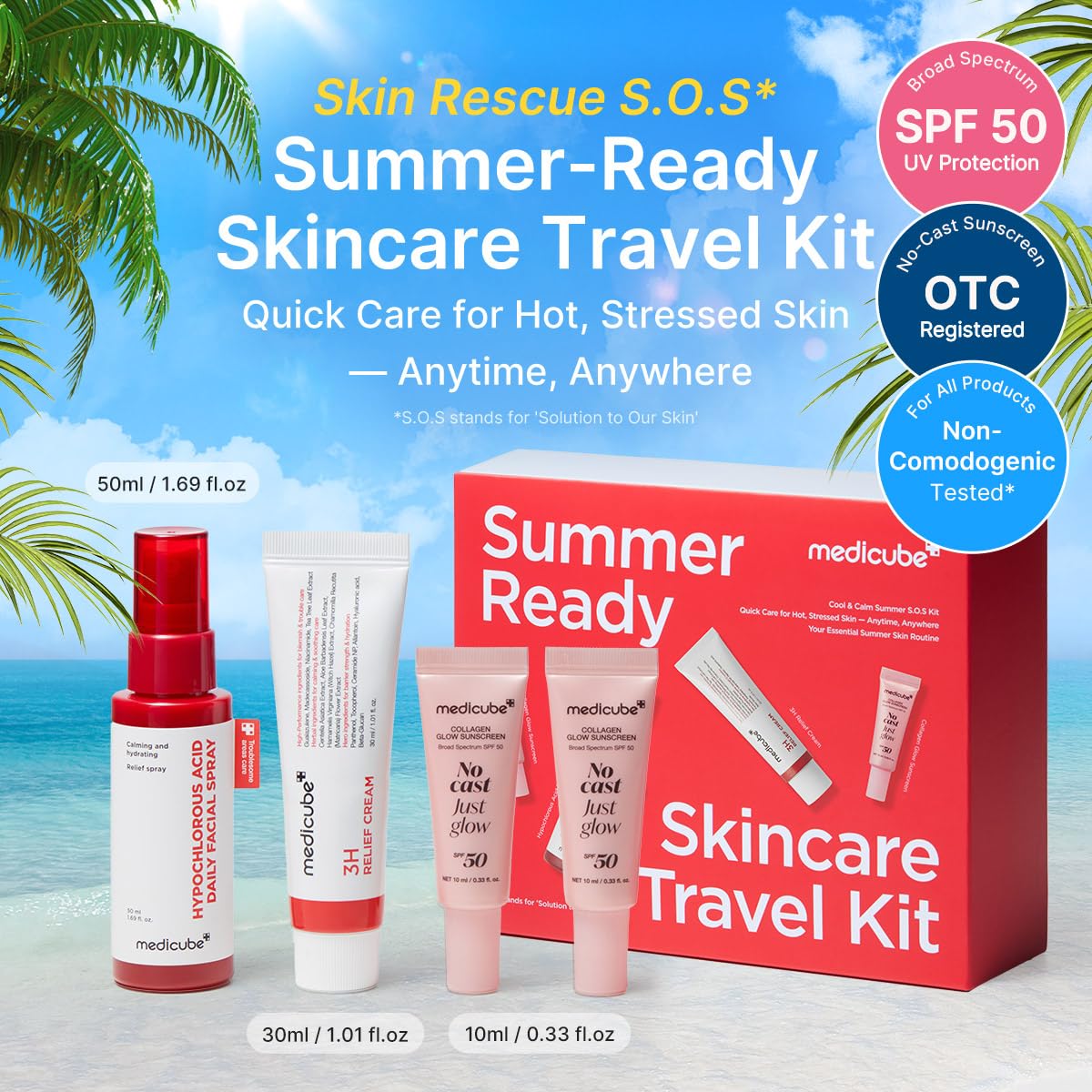 medicube Summer-Ready Skincare Travel Kit | Quick Cooling & Soothing Essential | HOCl Spray, Relief Cream & SPF 50 Sunscreen for Irritated Skin | Beauty and Personal Care medicube