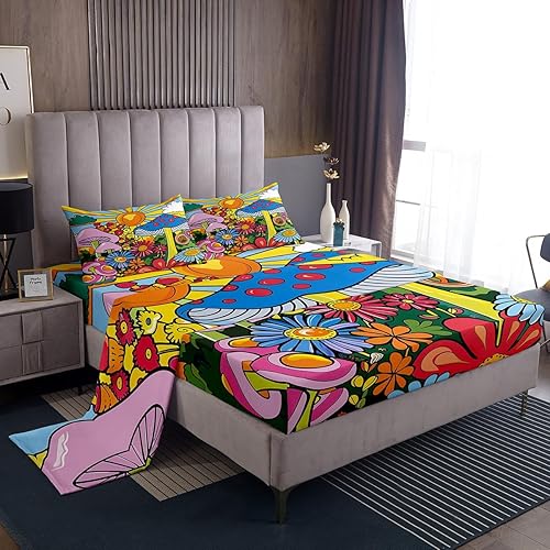 Erosebridal Kawaii Mushroom Full Sheet Set Boho Sun Sheets Hippie Groovy Floral Sheet & Pillowcase Sets 60s 70s Retro Vintage Theme Bed Sheets Chic