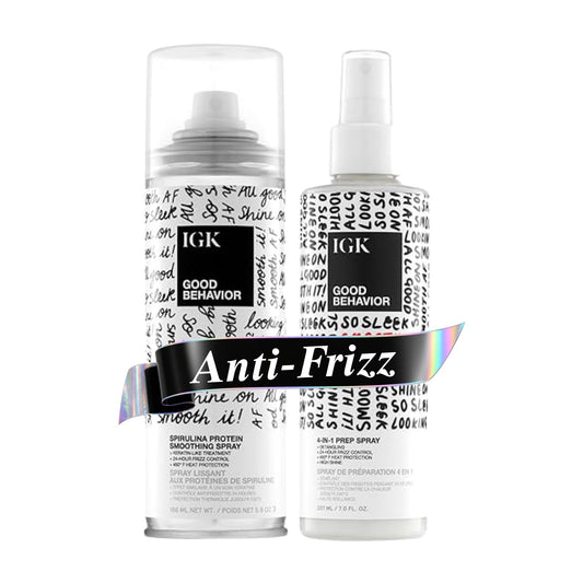 IGK GOOD BEHAVIOR Smoothing Frizz Fighters Set | 4-in-1 Prep Spray + Spirulina Protein Smoothing Spray | Frizz Control + Heat Protectant | Vegan +