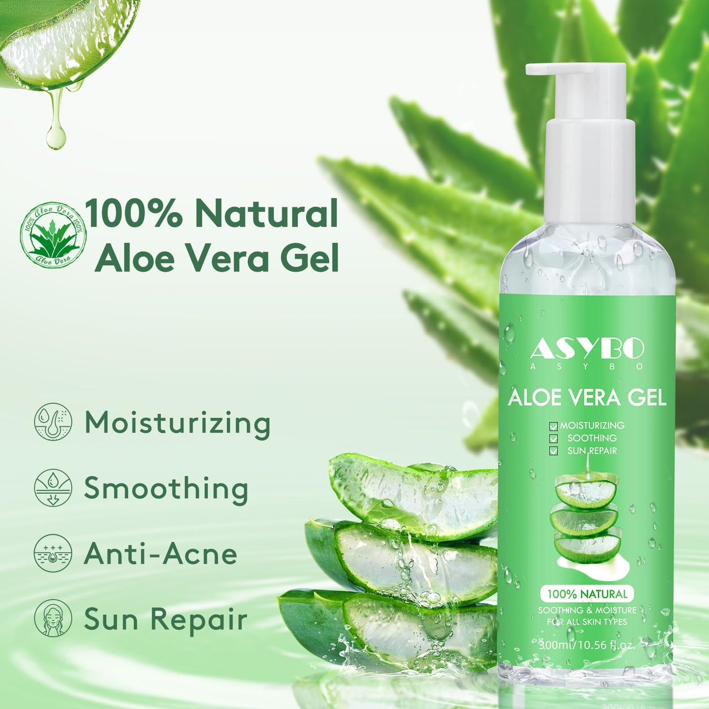 ASYBO 300 ml Aloe Vera Gel, 100% Natural Pure Aloe Vera Hydrating Facial Cream, Soothing & Moisturizing, After Sun Care, Reduce Acne, Repair Scars
