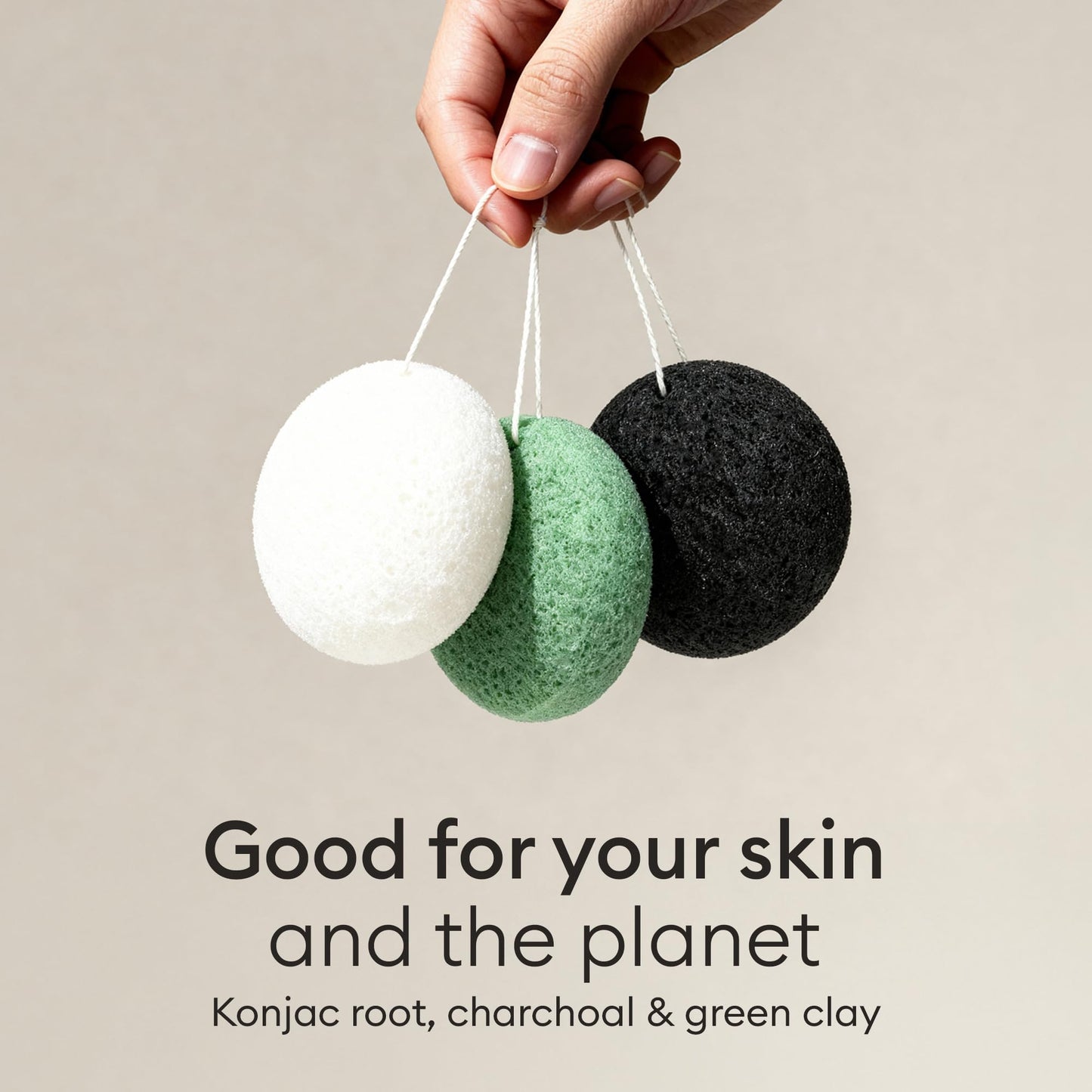 Vove Organic Konjac Facial Sponges 3-Pack - Natural Face Exfoliating Sponges with Bamboo Charcoal & Green Clay, Gentle Cleansing for All Skin Types