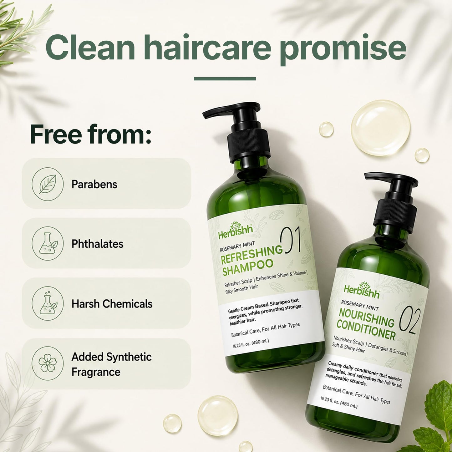 Herbishh Rosemary Mint Shampoo & Conditioner Set (16.23 fl. oz Each), Clarifying Shampoo for Oily Hair, Helps Remove Oil & Residue, Nourish Smooth