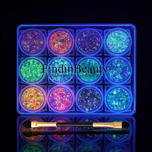 FindinBeauty 12 Colors Glow in the Dark Glitter Gel, UV Blacklight Reactive Face & Body Glitter, No Glue Needed, Cosmetic Grade for Eyes, Hair