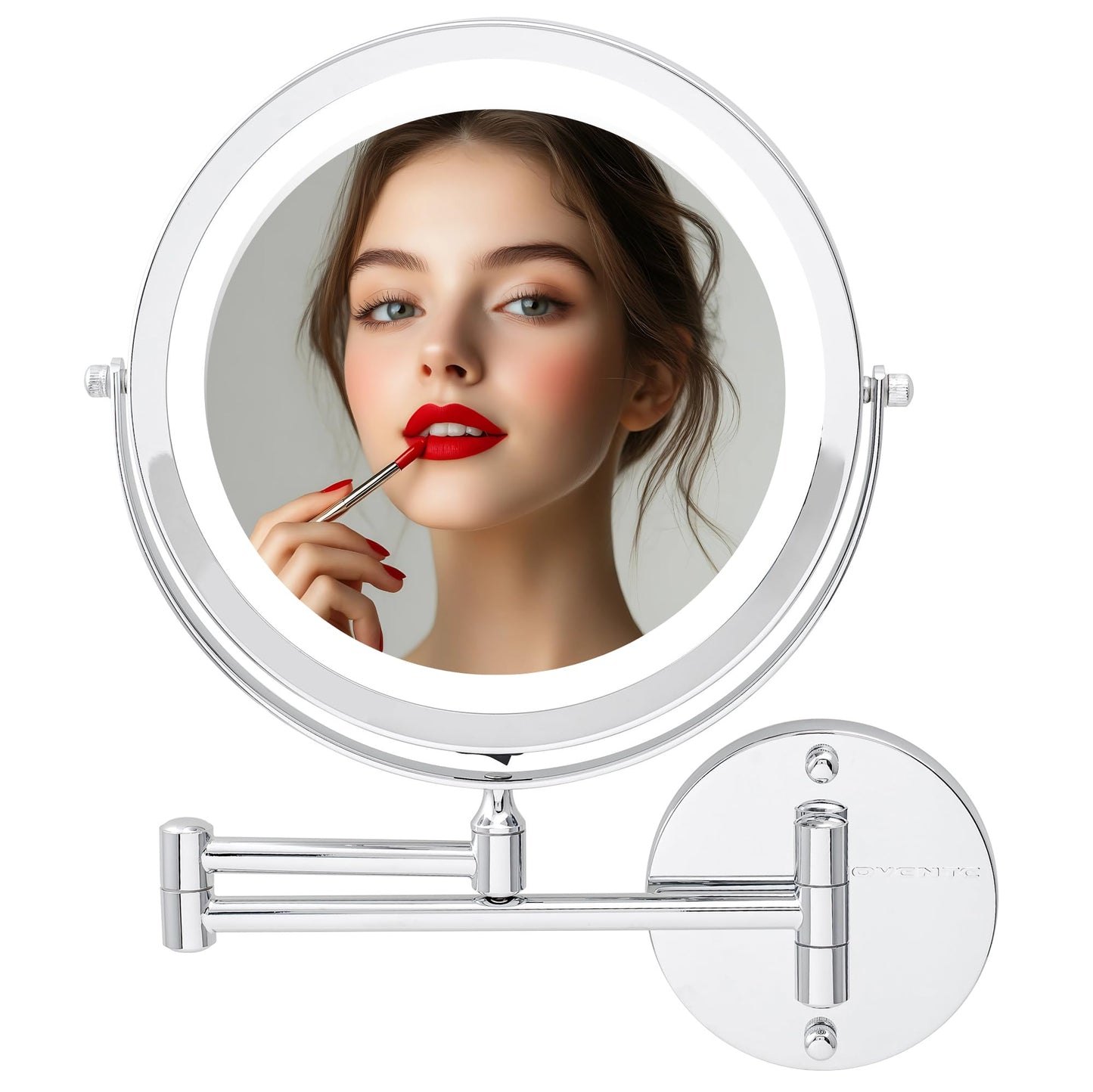 OVENTE Wall Mounted Lighted Makeup Mirror, 9" Double Sided 1X/10X Magnifying Vanity Mirror for Bathroom with LED Lights, Cordless, 360° Rotation