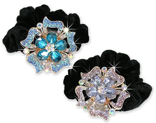 Jeweled Flower Elastic Hair Tie Scrunchie - Set of 2 - White Gold Color Metal with Decorative Blue and Pink Rhinestone Crystals - 1.75"W