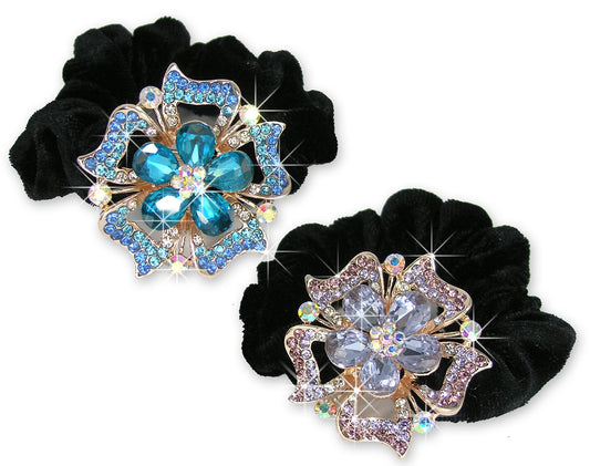 Jeweled Flower Elastic Hair Tie Scrunchie - Set of 2 - White Gold Color Metal with Decorative Blue and Pink Rhinestone Crystals - 1.75"W