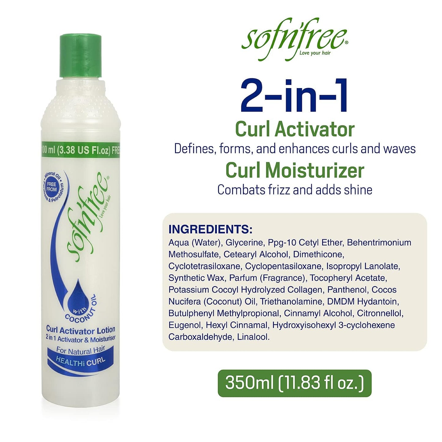 Sofn’Free Moisturizer & Curl Activator Lotion - Curl Defining Formula for Multicultural Curls, Soft Waves, Shine, Frizz Control for Natural Textures