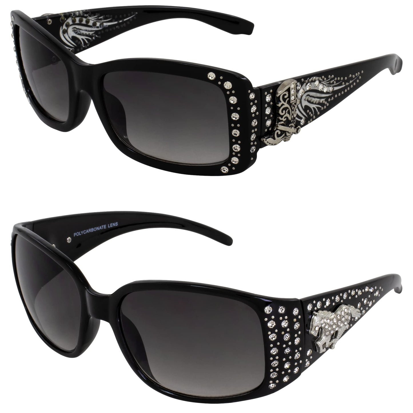 Rodeo Queen 2 Pairs of Fashion & Studded Sunglasses for Women Black Frame w/Metal Accent Piece Bling Rhinestones & Smoke Gradient Lenses