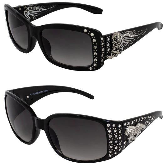 Rodeo Queen 2 Pairs of Fashion & Studded Sunglasses for Women Black Frame w/Metal Accent Piece Bling Rhinestones & Smoke Gradient Lenses