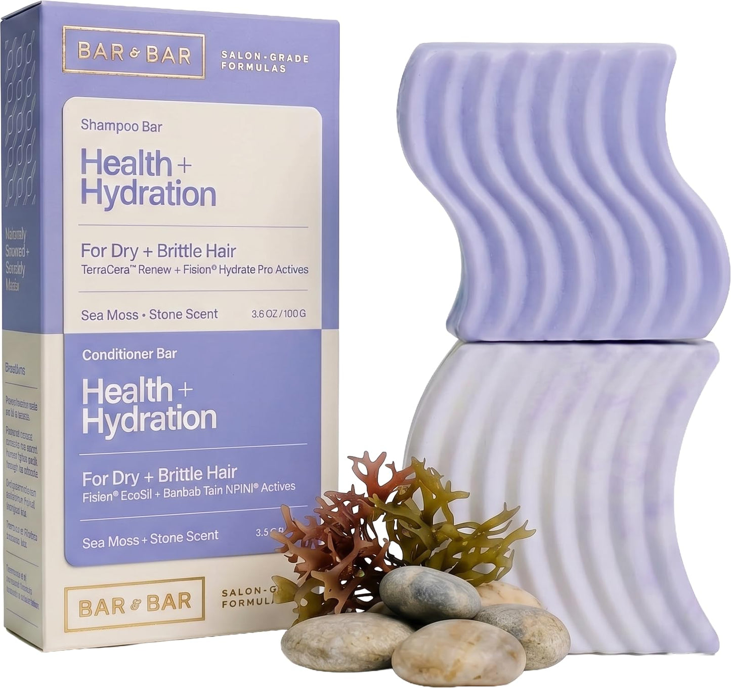 Bar and Bar Shampoo and Conditioner Bar Set - Health + Hydration - Hydrating Solid Hair Care Duo - Dry Hair - Moisture Restore - Sea Moss & Stone, 3.5