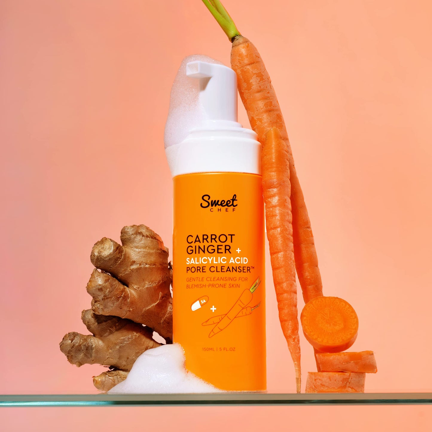 Sweet Chef Carrot Ginger + Salicylic Acid Pore Cleanser - Foaming Face Wash and Gentle Cleanser for Blemish Prone Skin - Brightening Ginger, Pore