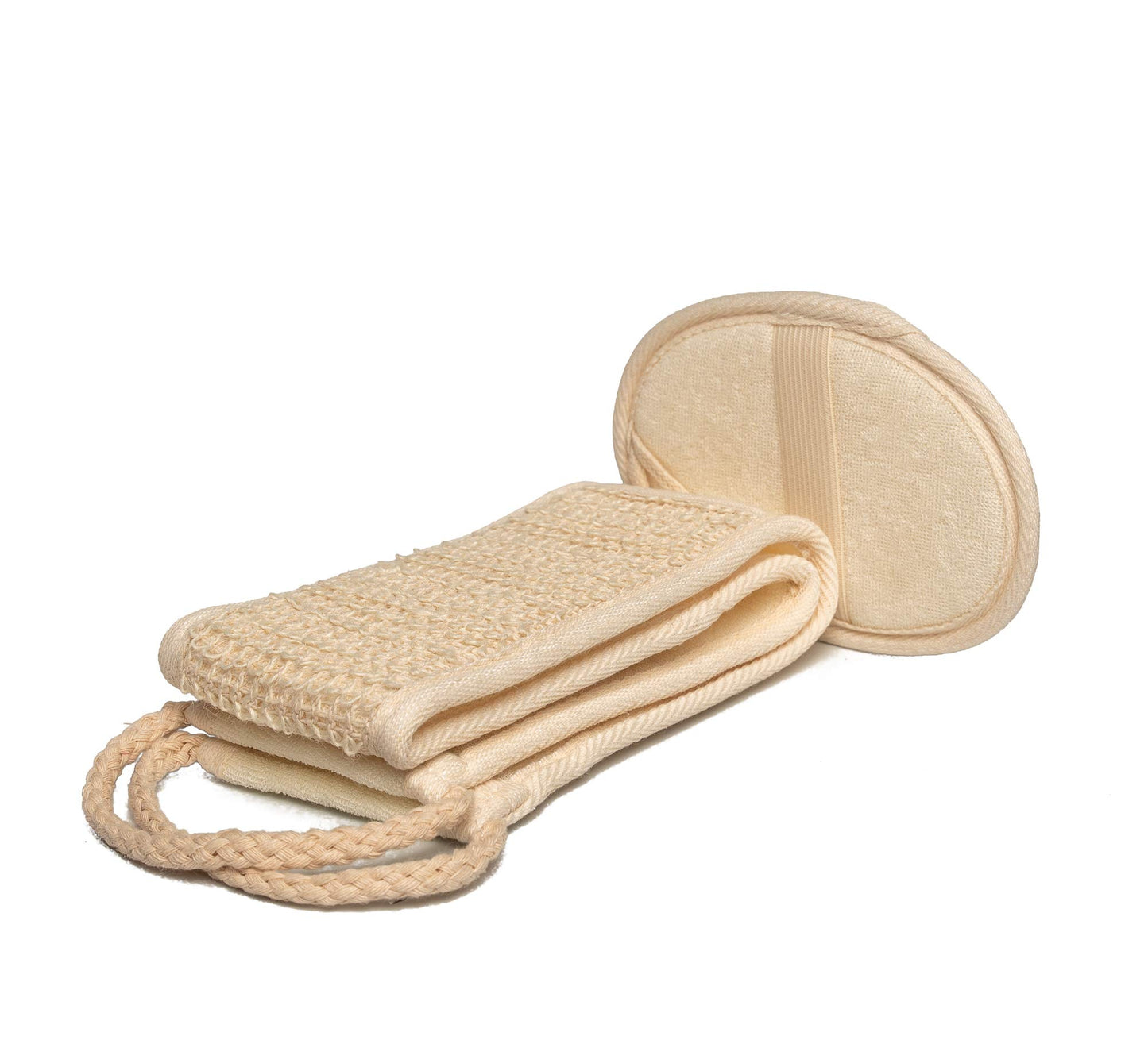 Nara Loofah (lufa) Sponge Set : one face Sponge, one Back and Body Scrubber and a Suction Clip. Sponges to exfoliate Your Body and face.