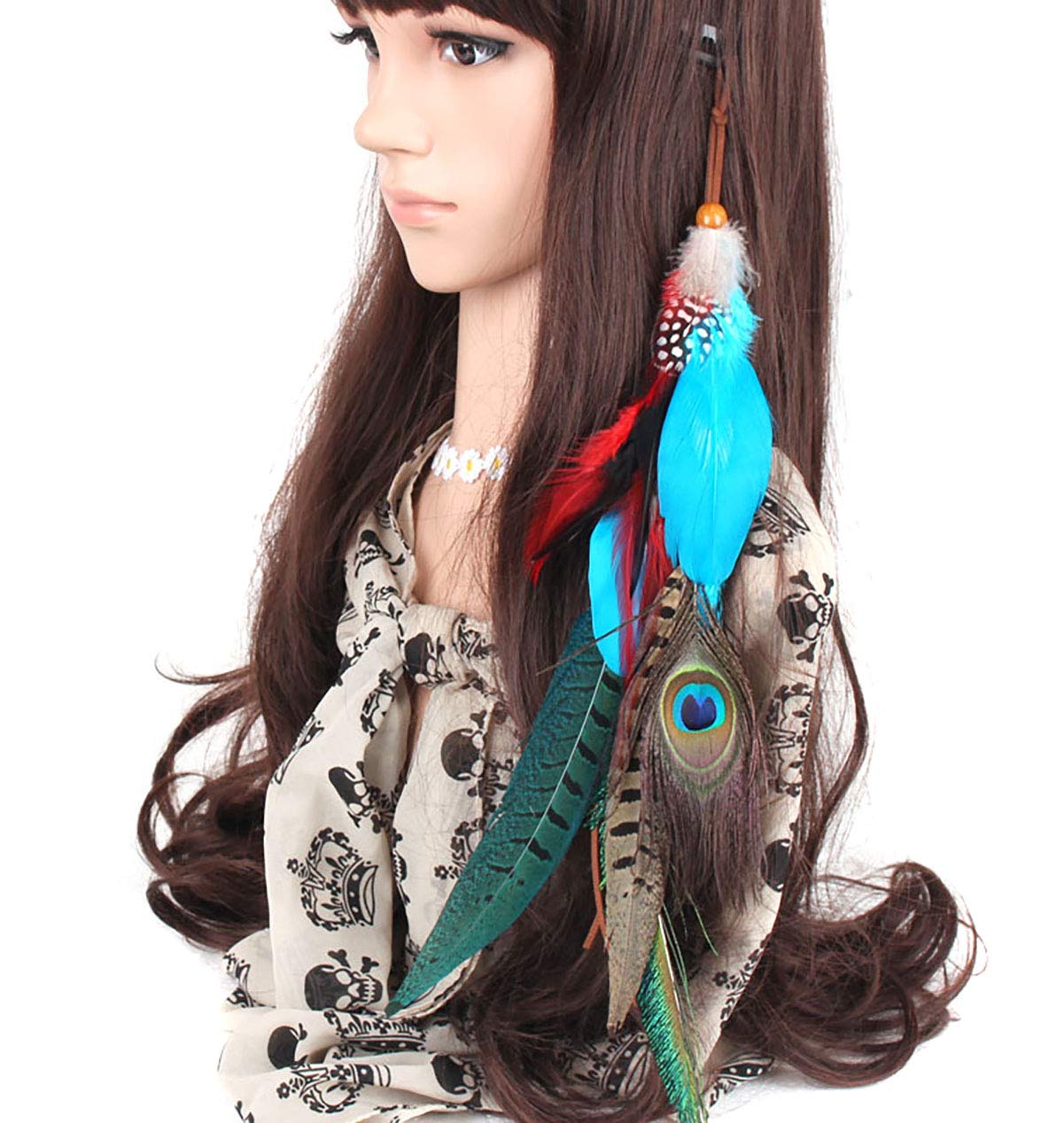 Handmade Peacock Feather Hippie Hair Extension Headband Bohemia Feather Hair Clips Comb with Bead Women Hairpin Headdress DIY Accessories