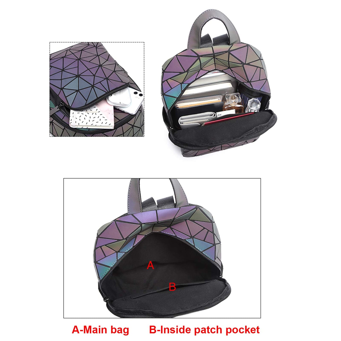 SIYUE Luminous Geometric Backpacks Women Purses and Handbags Holographic Reflective Bags Iridescent Backpack A1