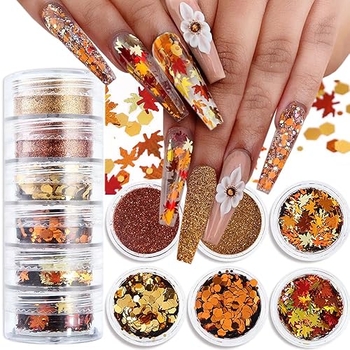 Fall Nail Art, 6 Boxes Fall Leaves Nail Glitters 3D Gold Maple Leaf Nail Sequins with Glitter Powder Gold Yellow Red Autumn Leaves Nail Art Flakes