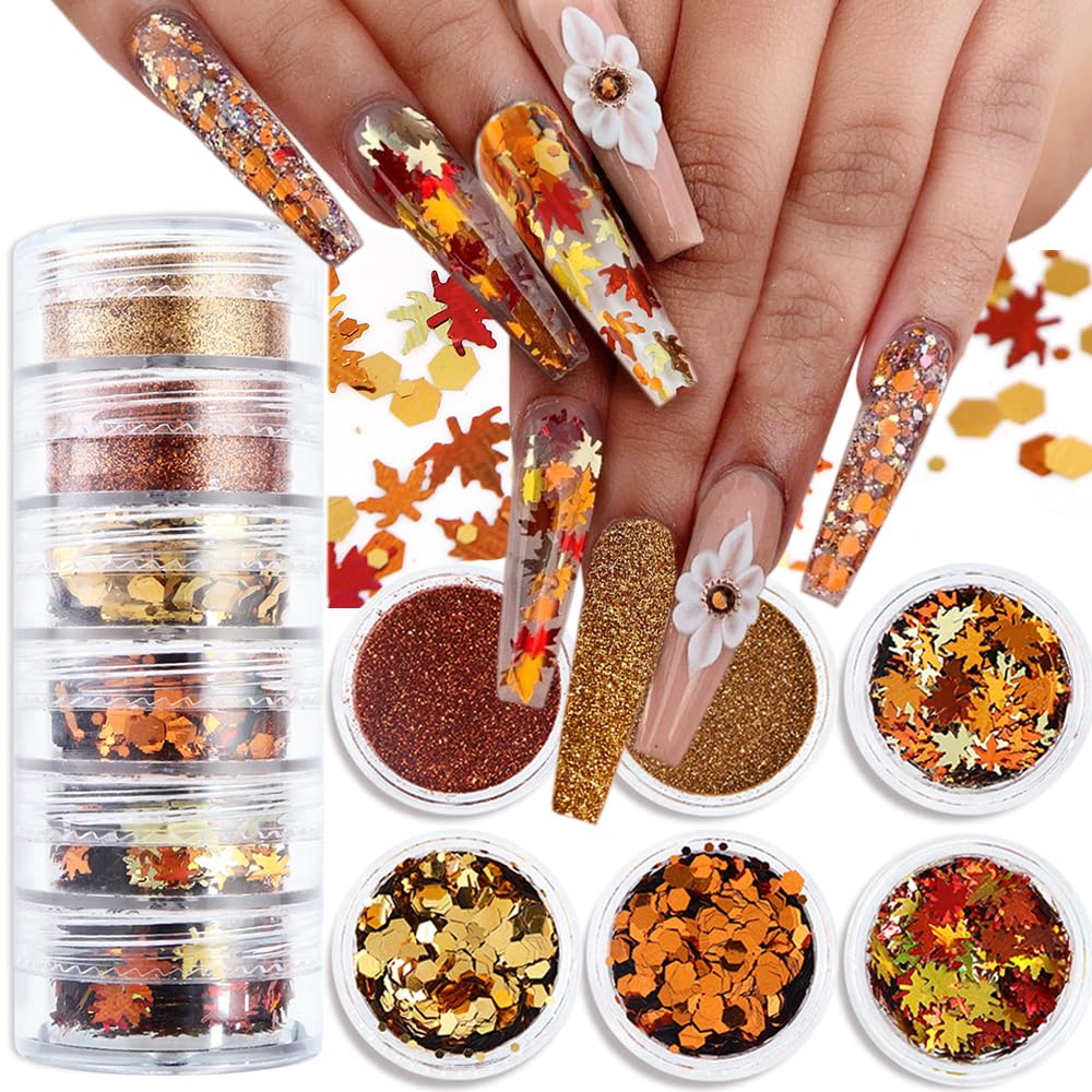 Fall Nail Art, 6 Boxes Fall Leaves Nail Glitters 3D Gold Maple Leaf Nail Sequins with Glitter Powder Gold Yellow Red Autumn Leaves Nail Art Flakes
