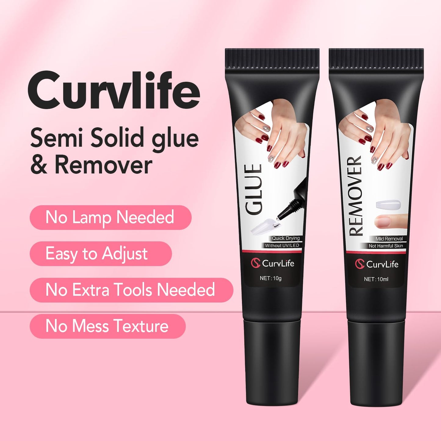 Curvlife Newly Upgraded Quick Drying 10g Semi Solid Nail Glue with 10ml Remover for Press On Nails Tips No Need for UV Lamp Long Lasting Fake Acrylic Beauty and Personal Care CurvLife