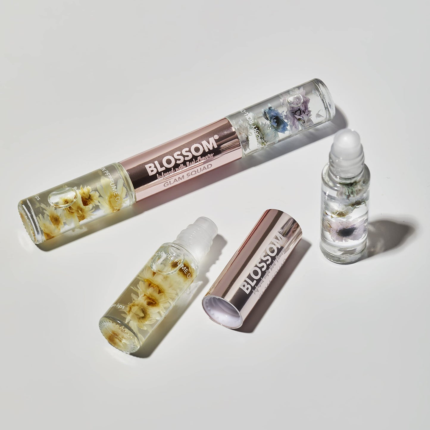 Blossom Lip Gloss & Roll On Perfume for Women, Glam Squad Double Sided Gift Set, Infused with Real Flowers, Bachelorette Gift, Made in USA 0.2oz