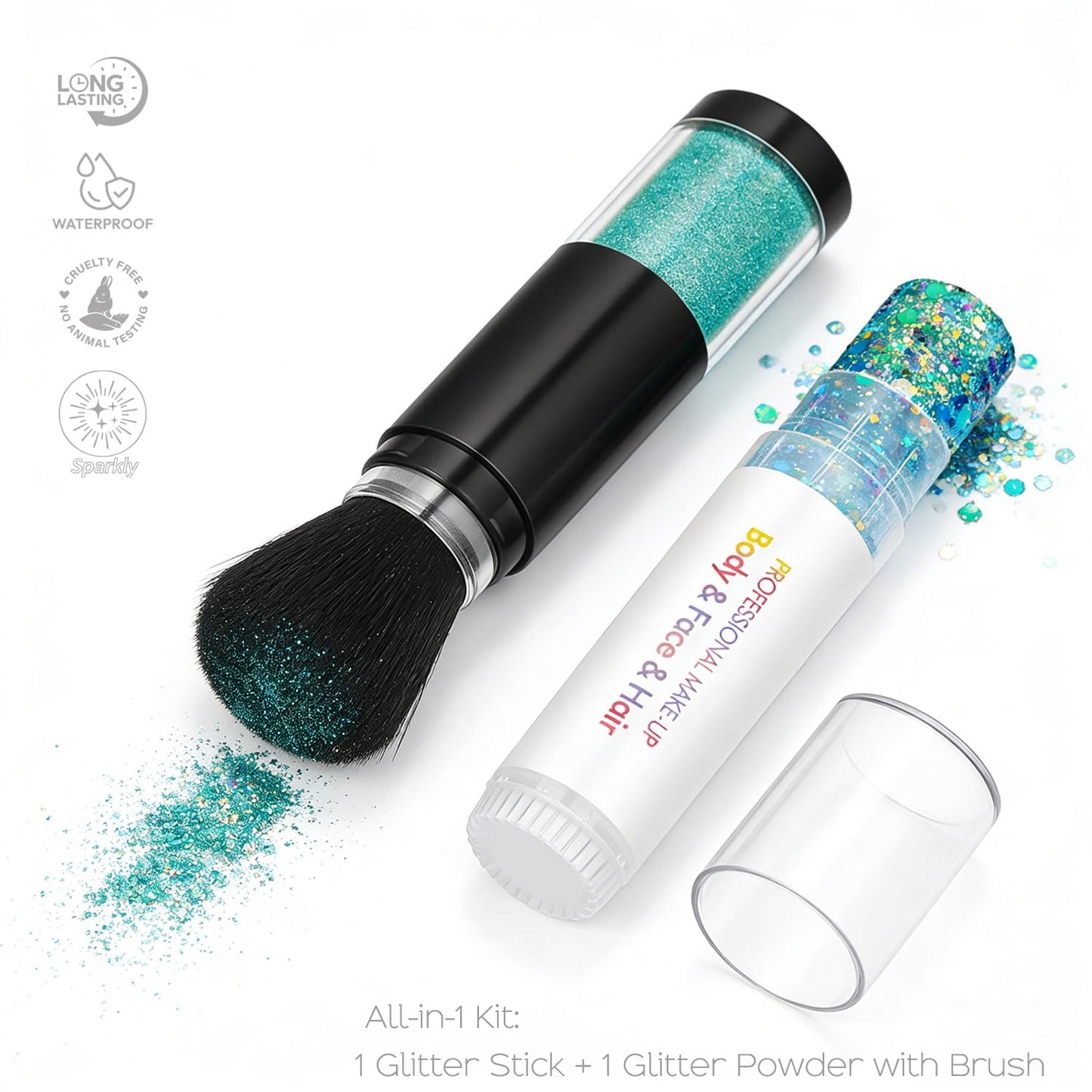 Holographic Mermaid Glitter Makeup Kit: 2-in-1 Body & Face Stick & Loose Powder with Built-in Brush for Festival, Rave, Concert, Carnival | Shimmery