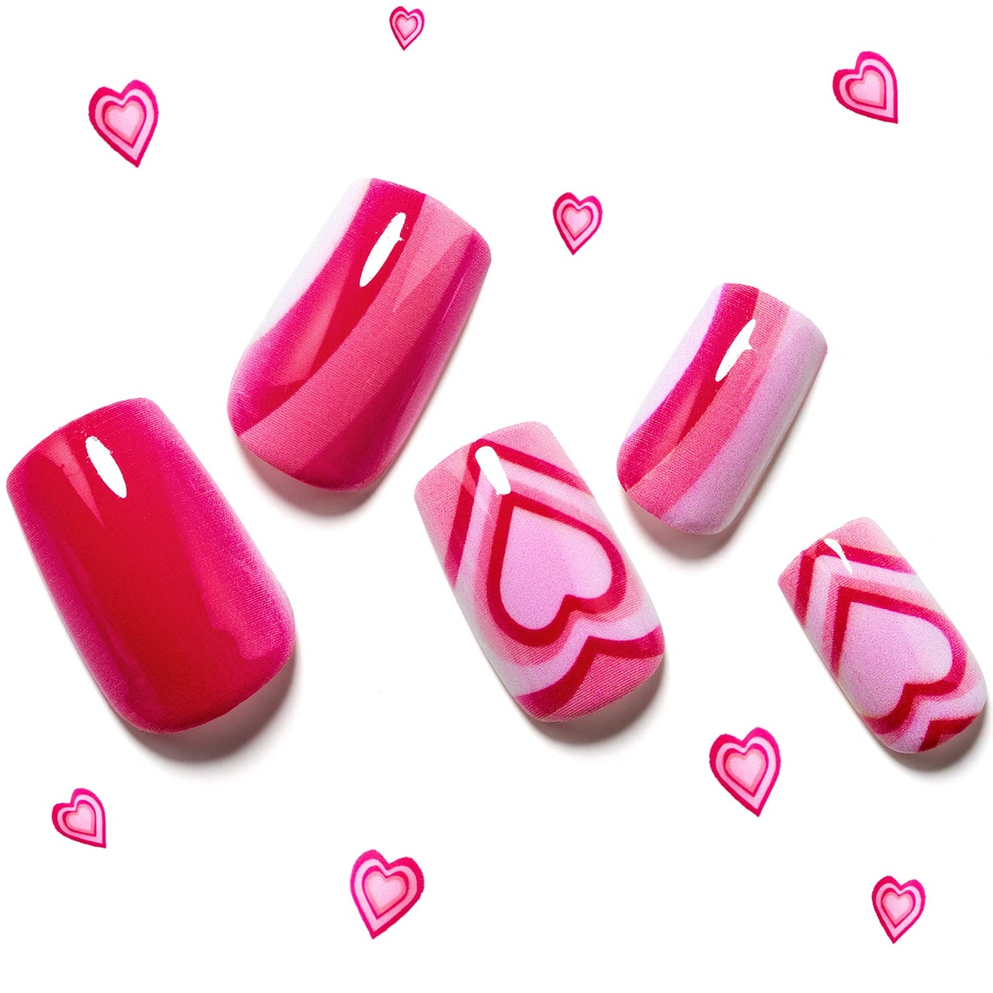 GLAMERMAID Hot Pink Ombre Press on Nails Medium Square, Color Gel False Nals, Valentine Colorful Glue on Nails Kit for Women, Pop Comic Sweet Reusable