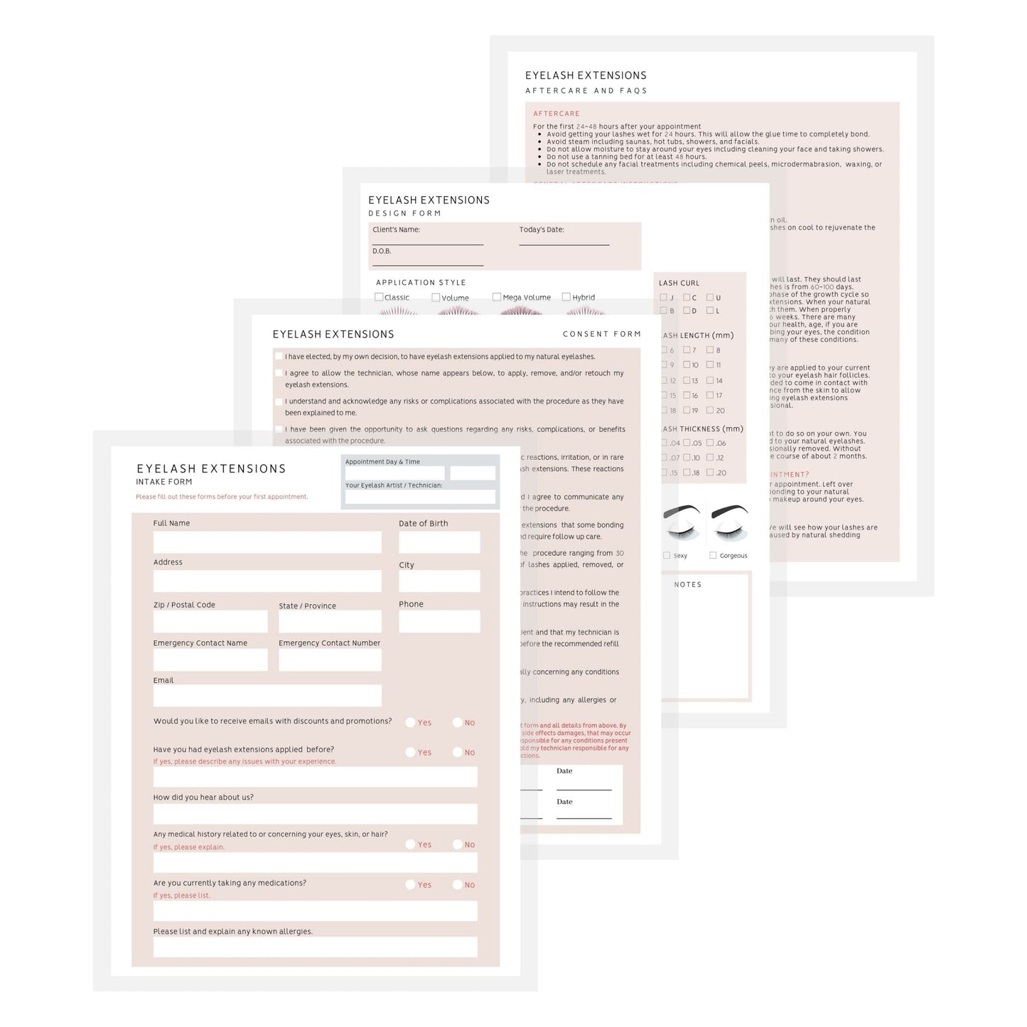Lash Extension Eyelash Consent, Intake, Aftercare forms with Mapping | 100 Pack | 25 of each Consent, Intake, Aftercare, and Mapping Forms for Lash