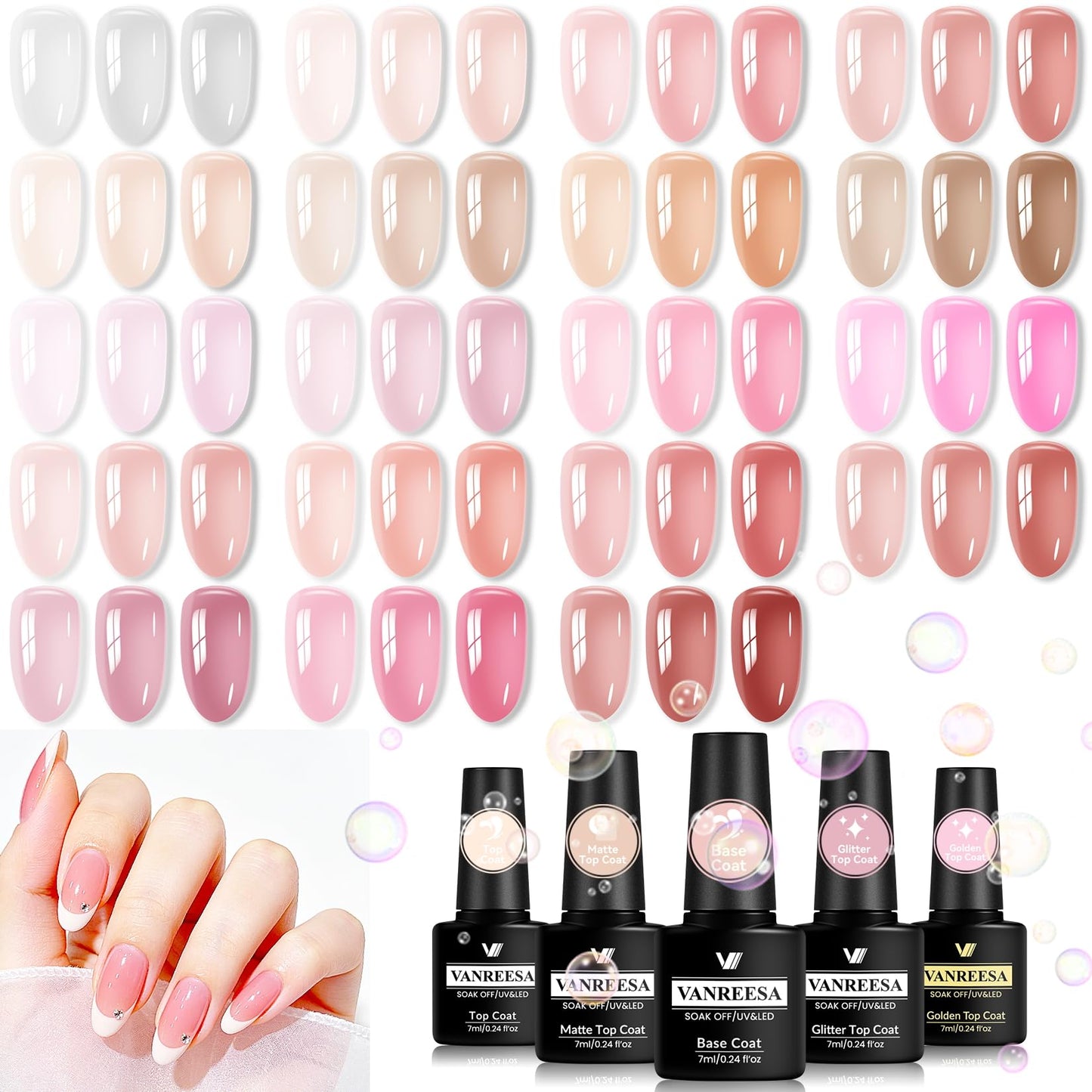 VANREESA 24Pcs Jelly Gel Nail Polish Set -Soft Milky White Nude Pink Red Brown Jelly Translucent Gel Polish Colors with Base Coat 4 Top Coats Neutral Beauty and Personal Care VANREESA Default Title