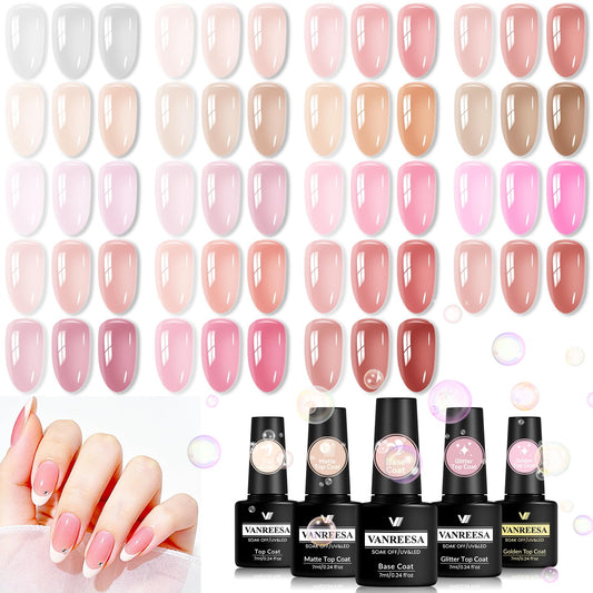 VANREESA 24Pcs Jelly Gel Nail Polish Set -Soft Milky White Nude Pink Red Brown Jelly Translucent Gel Polish Colors with Base Coat 4 Top Coats Neutral Beauty and Personal Care VANREESA Default Title