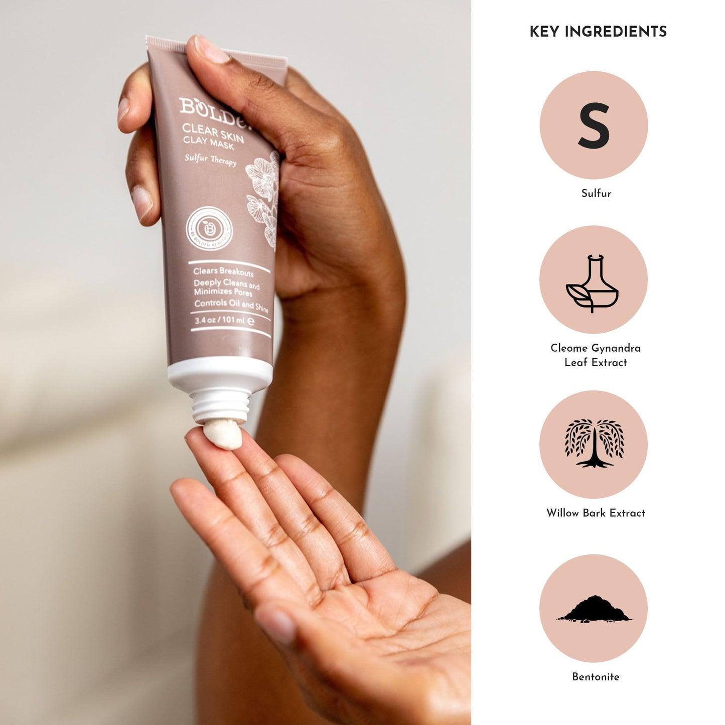 BOLDEN Clear Skin Clay Mask | Made with Sulfur for Deep Pore Cleansing & Preventing Breakouts | Pore Minimizer and Oil Reducer for Sensitive Skin |