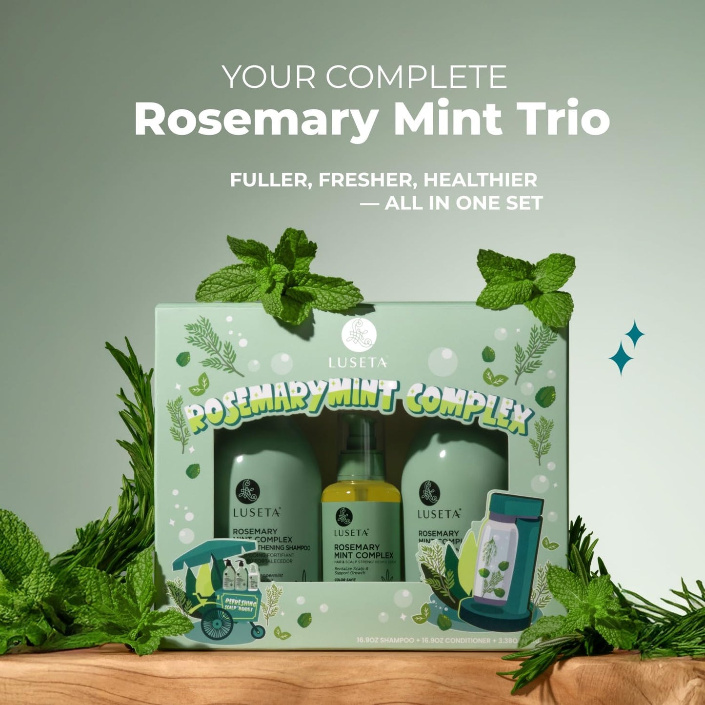Luseta Rosemary Mint Shampoo and Conditioner 16.9oz and Hair Oil 3.38oz Trio Hair Care Set Nourishment & Smoothness for Thin Hair,Reduce Frizz and Add