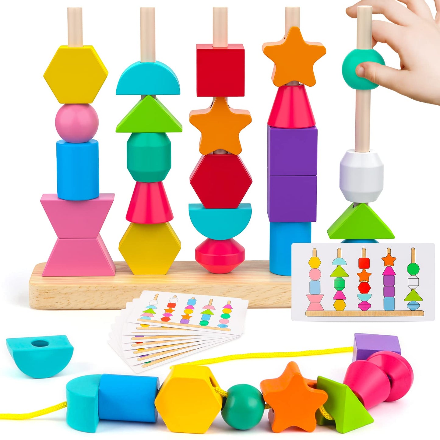 Montessori Wooden Beads Sequencing Toy Set | Stacking, Lacing & Shape Matching Blocks | STEM Learning Gift for Kids & Toddlers Ages 2–5