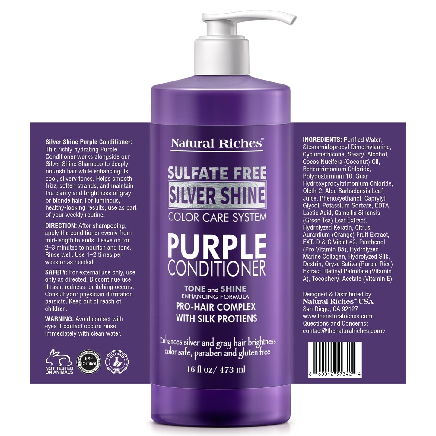 Natural Riches Radiant Silver Shine Purple Shampoo and Conditioner Set for Gray Hair - Paraben-Free and Color Safe - With Silk Proteins, Tones Dull