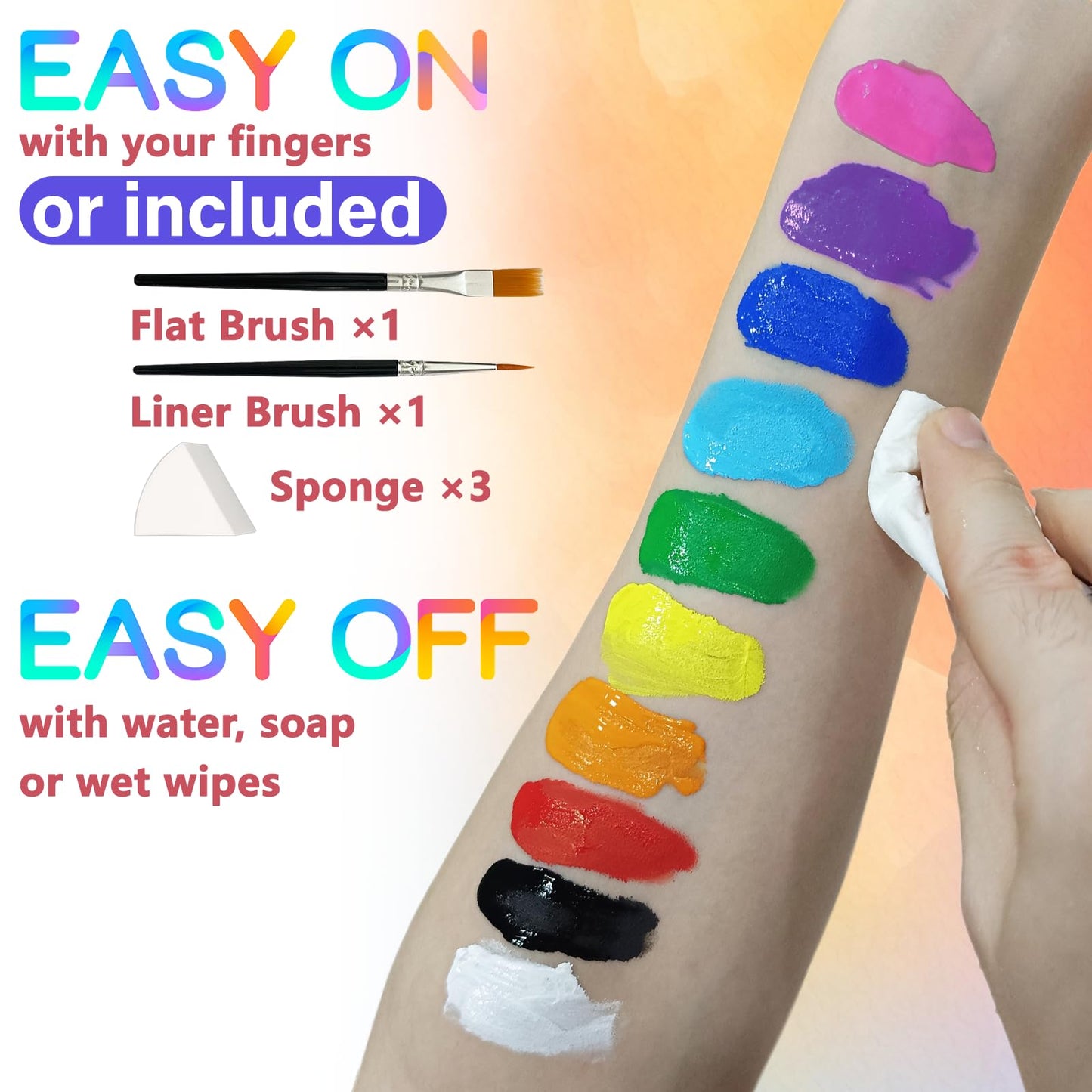 PWYSHXDF 10 Colors Face Body Paint Set, Water Based Body Paint for Adults, Washable Face Paint Kit with Brushes & Sponges, Non-Toxic Face Painting