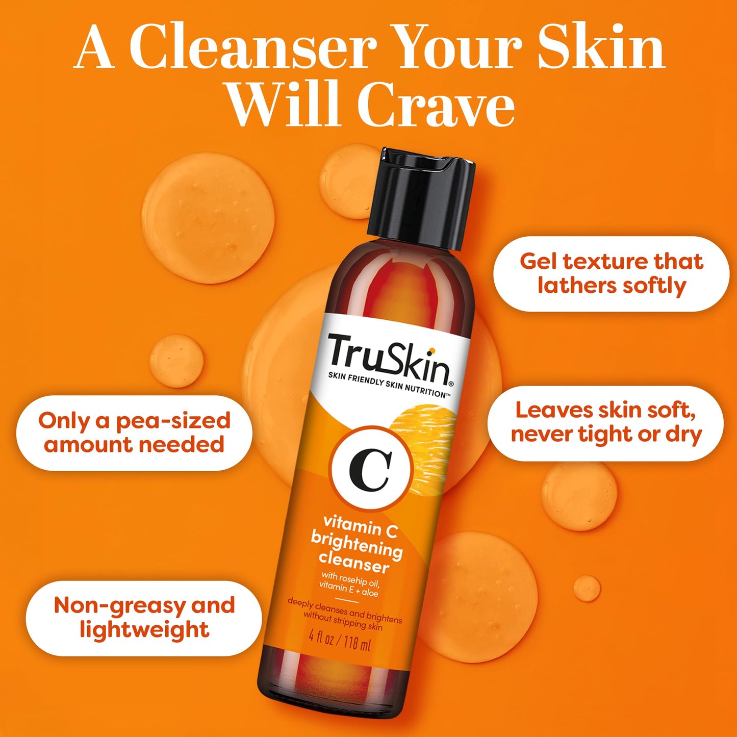 TruSkin Vitamin C Cleanser for Face - Brightening Face Wash with Vitamins C & E, Rosehip Oil, Aloe Vera and MSM - Deep Clean and Refresh for Radiant