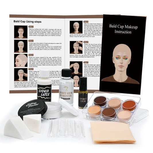 Bald Cap Halloween Makeup Kit for Men & Woman, Complete Bald Cap Costume Character Set , SFX Makeup Kit, Professional Realistic Bald Cap Kits