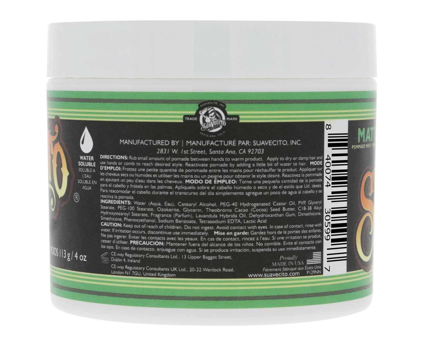 Suavecito Pomade Matte (No Shine) Formula 4 oz, 1 Pack - Medium Hold Hair Pomade For Men - Matte Hair Paste For Natural Texture Hairstyles