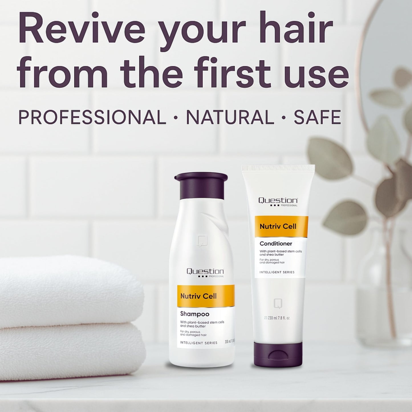 QUESTION PROFESSIONAL Sulfate Free Shampoo and Conditioner Set for Dry Damaged Hair with Shea Butter Plant Stem Cells Frizz Control Moisture Repair