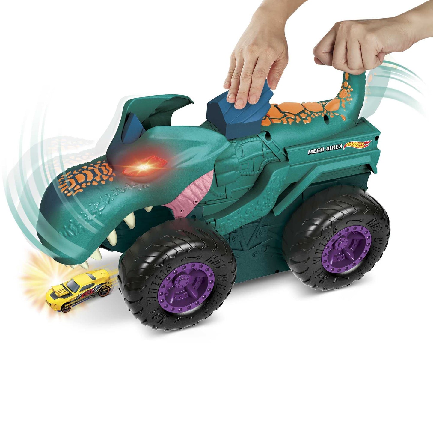Hot Wheels Monster Trucks Car Chompin' Mega-Wrex, Large Toy Monster Truck & Toy Car, Eats & Poops 1:64 Scale Vehicles, Lights & Sounds