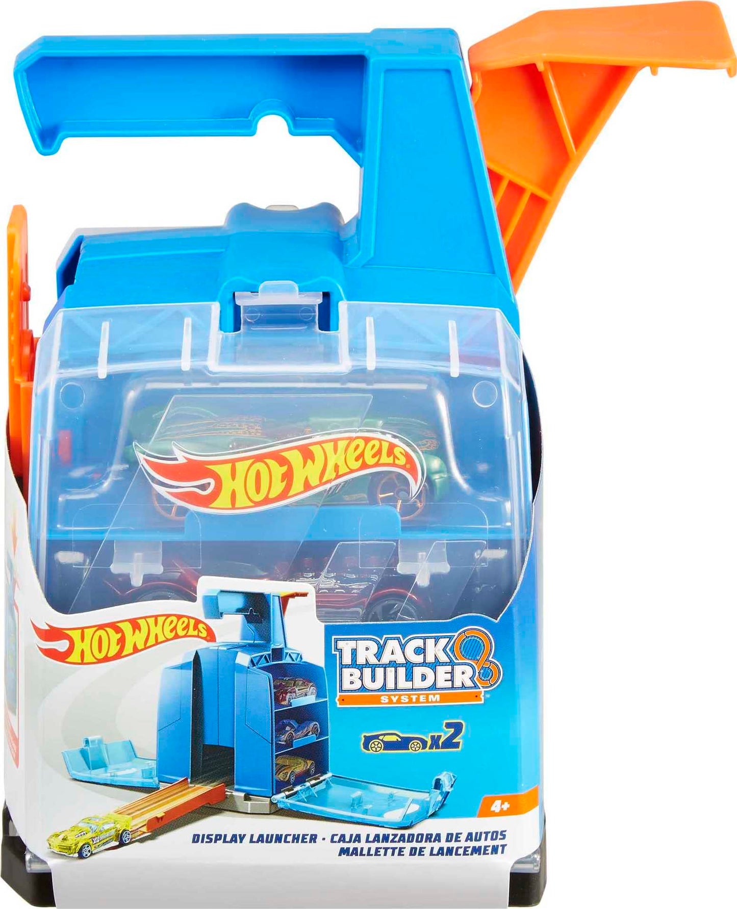 Hot Wheels Toy Car Track Set, Display Launcher & 2 1:64 Scale Vehicles, Visible Storage for 6 Cars Toy Cars, Connects to Track