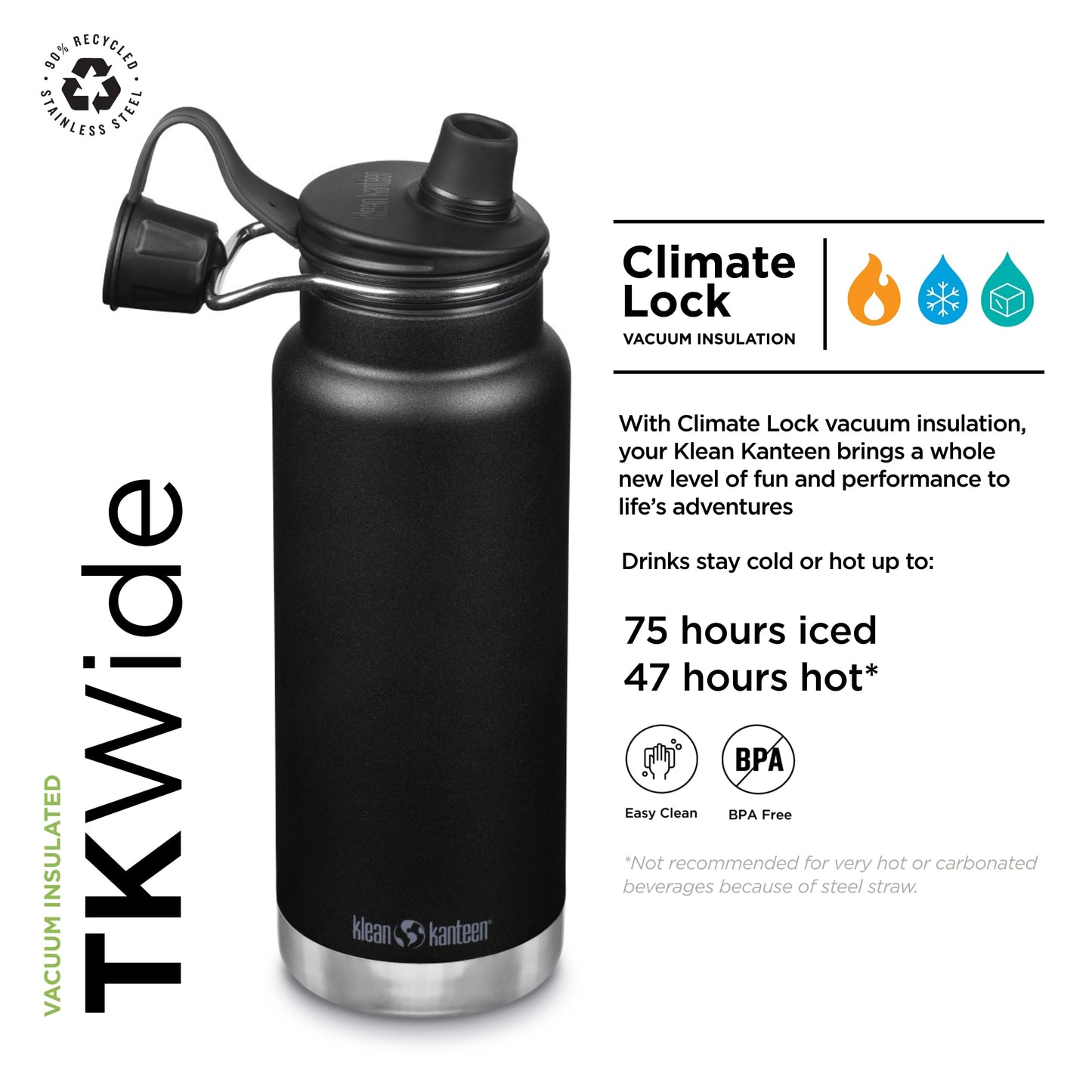 Klean Kanteen TKWide Insulated Bottle with Chug Cap - Stainless Steel, Portable - Black, 32 oz