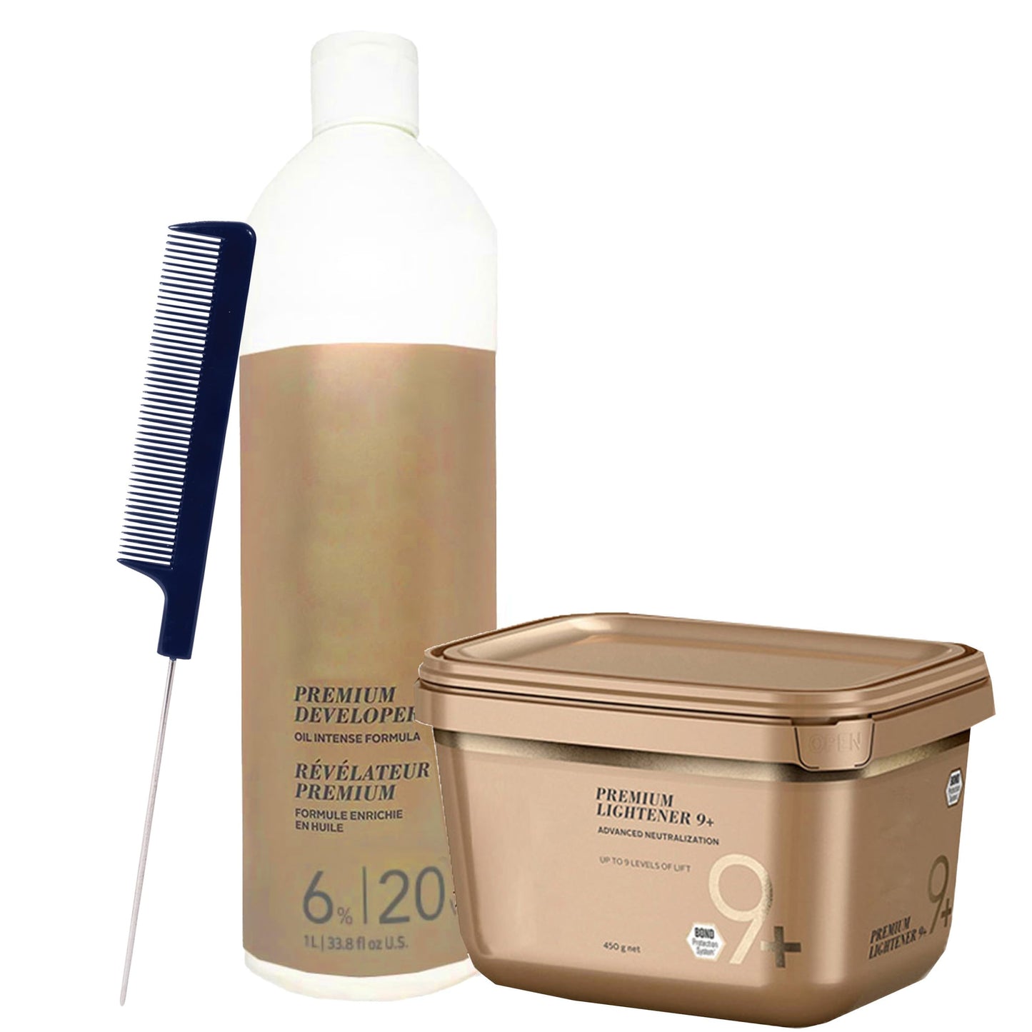 Blonde Me Lightener 9+ Bleach 450g with Blonde Me 6% / 20 Volume Developer 1L and Pin Tail Comb - Professional Hair Bleaching Kit for High Lift